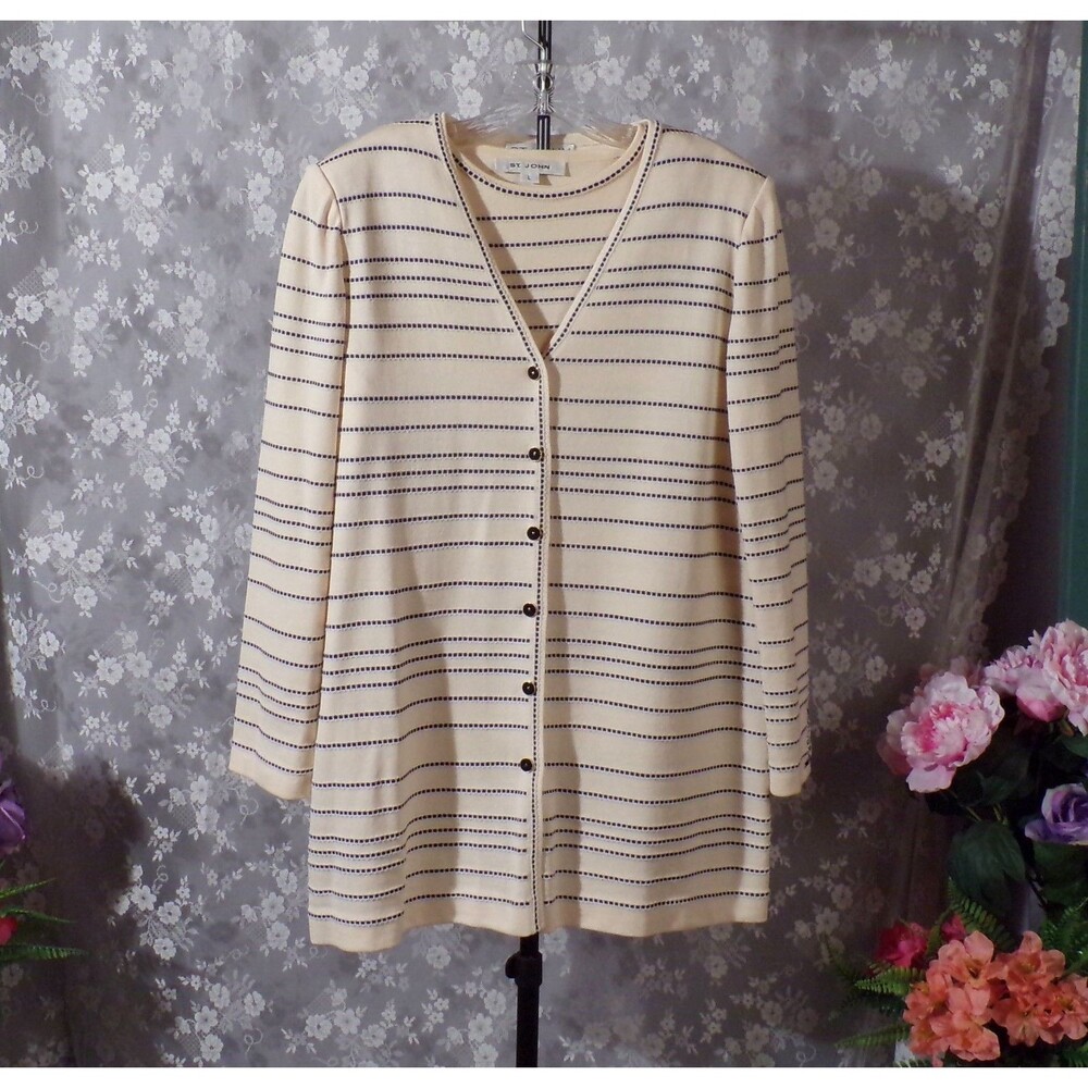 St. John Collection Marie Gray Twin Set Size Large Vintage 80s Nautical Coastal